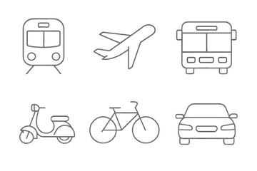 Different types of transportation including train, airplane, bus, scooter, bicycle, and car displayed in a simple outline style