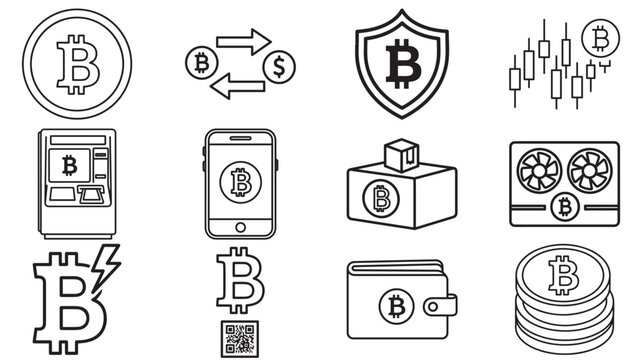 Bitcoin symbol variations in black _ cryptocurrency payment, mining and ledger icons for fintech dashboards