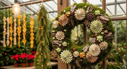 Fototapeta premium A festive wreath with moss origami stars bark cones and seed pods hangs on a window frame evoking a handmade holiday ambiance