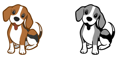 Cute Cartoon Beagle Dog Character Illustration Set (Color and Grayscale)