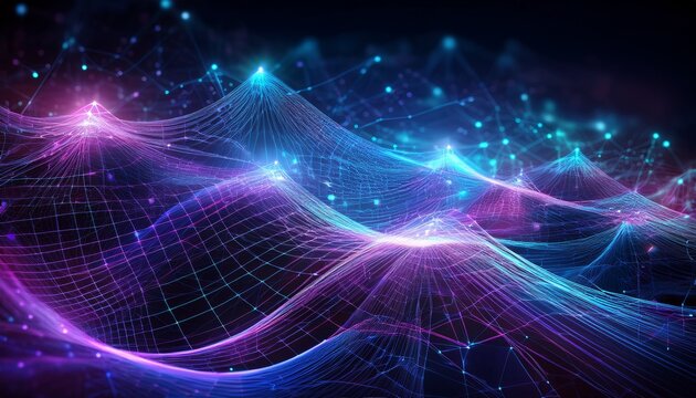 digital abstract grid of blue and purple glowing connections on futuristic network background