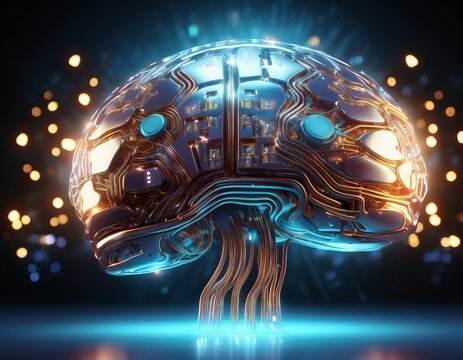 futuristic brain with glowing chips artificial intelligence and technology concept in 3d