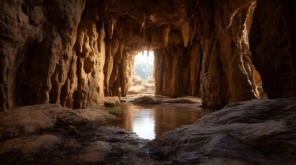 Sunlit cave passage revealing natural rock formations stalactites stalagmites and a water pool