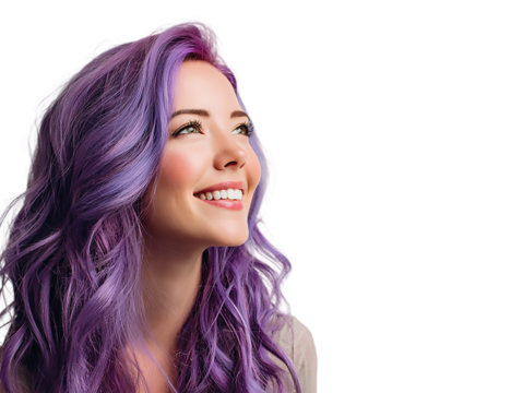 Smiling woman with purple hair looking up against a isolated on transparent background - Powered by Adobe