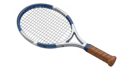 Professional Tennis Racquet with Blue Accents and Brown Grip on a Background sport equipment isolated on a transparent background
