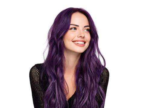 Portrait of a smiling woman with long purple hair against isolated on transparent background