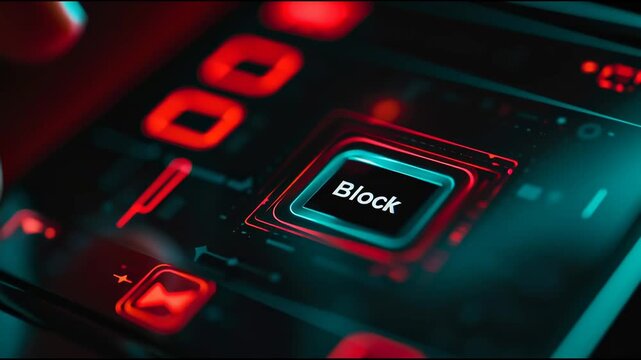 Finger pressing a glowing digital block button on a futuristic dark touchscreen interface, representing security and restriction.