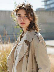 Female model wearing long beige trench coat, modern minimalist look, soft daylight e-commerce fashion photo