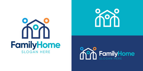 Creative simple family home logo template. Abstract house with people, human person teamwork leadership logo design vector illustration.