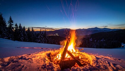 冬の山で行う焚火の写真