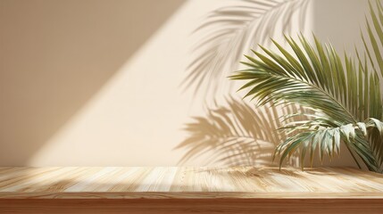 Empty Wooden Shelf With Palm Leaf Shadows