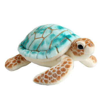 A plush sea turtle with blue and brown shell against a   isolated on transparent background