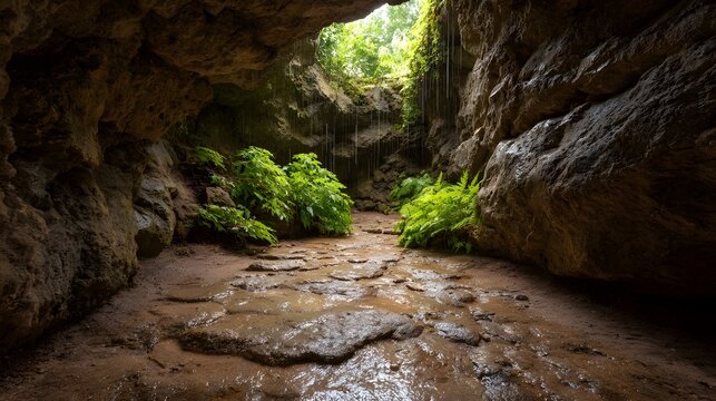 A natural cave grotto with lush green ferns and dripping water illuminated by sunlight from an opening above
