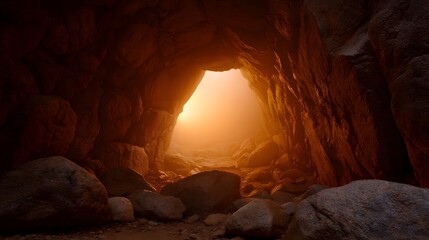 Mysterious cave entrance bathed in golden hour sunlight with swirling mist and rocky formations