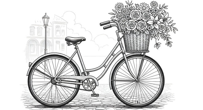 A detailed black and white drawing of a bicycle with a basket full of flowers on a cobblestone street - Powered by Adobe