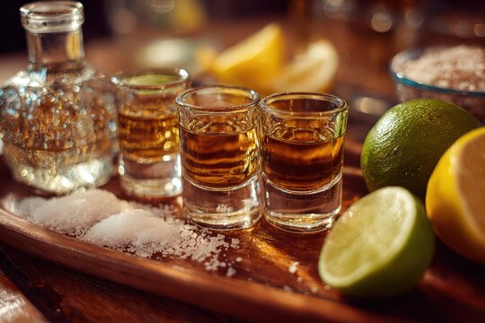 Tequila Flight. Bar Setting with Four Shot Glasses, Salt, Limes, and Lemon Slices on Table