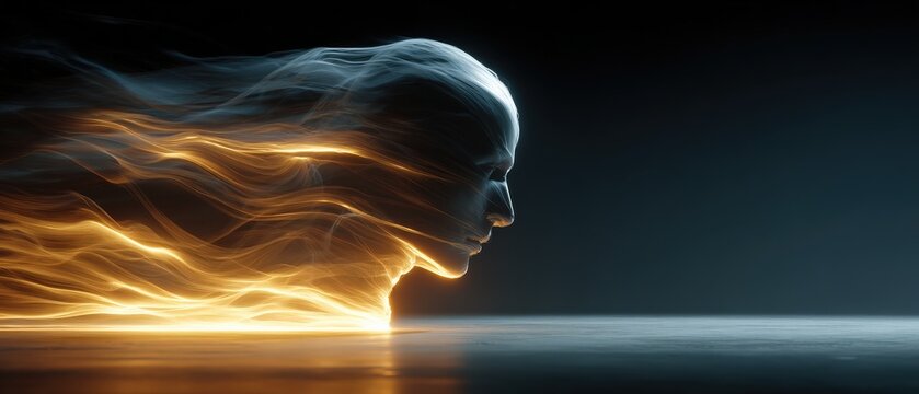 Surreal Digital Art Depicting Ethereal Human Face Blending with Fiery Streaks of Light in Motion Against a Dark Background, Symbolizing Speed and EnergySurreal