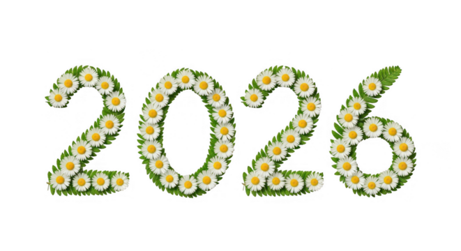 Floral arrangement spelling out the year 2026 with daisies and greenery