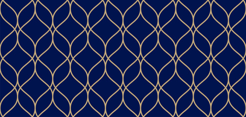 Fototapeta premium Elegant vector seamless pattern in Islamic style. Golden delicate mesh, grid, lattice, curved lines. Abstract geometric ornament. Dark blue and gold background texture. Luxury modern repeated design