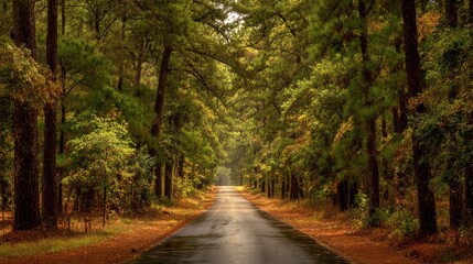 Fototapeta premium Texas Pine. Road Through Forest of Pine Trees in East Texas Morning