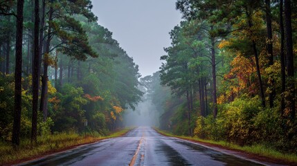 Texas Pine. Early Morning Drive Through Pine Forest in East Texas