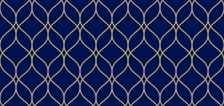 Elegant vector seamless pattern in Islamic style. Golden delicate mesh, grid, lattice, curved lines. Abstract geometric ornament. Dark blue and gold background texture. Luxury modern repeated design