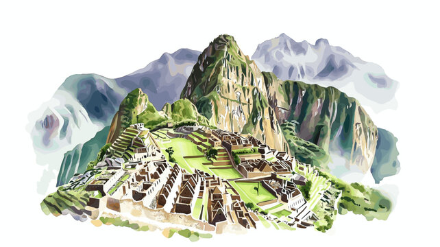 Machu Picchu. Machu Picchu hand drawn watercolor illustration