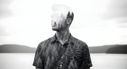 A grayscale double exposure of a man with trees and a forest landscape blending into his form and shirt