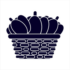 Black silhouette of woven basket filled with pumpkins. Perfect for Thanksgiving and autumn seasonal design projects, posters, and invitations.