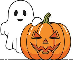 Cute ghost with pumpkin isolated on white background for halloween day