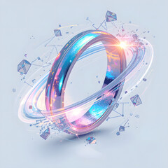 Vector illustration of a holographic ring with geometric particles orbiting, futuristic aesthetic