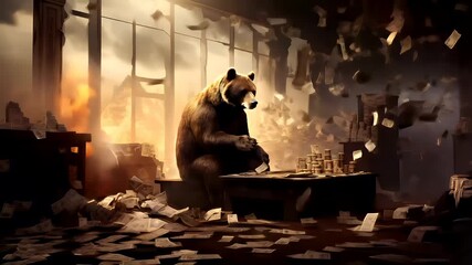 Stock market. Finance investment economy concept. A vivid portrayal of a bear in a room with a backdrop of a fiery environment, surrounded by papers and stacks of money.