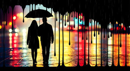 Silhouette of couple walking under umbrella in rain with blurred city lights and dripping paint effect