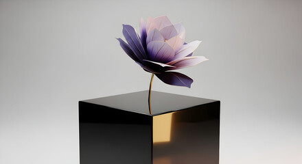 A single purple flower with geometric petals on a gold stem atop a black reflective cube pedestal
