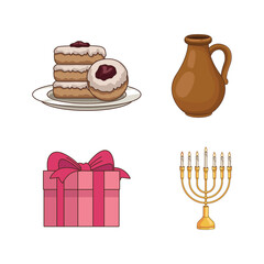 Chanukah jewish holiday icons set. Flat illustration of 16 chanukah jewish holiday icons isolated on white