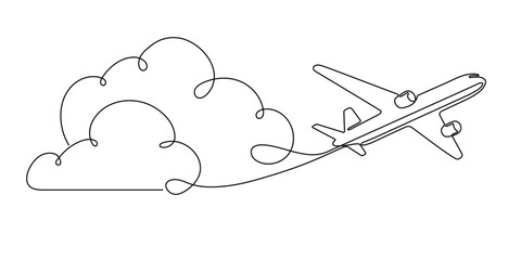 An airplane flying in the clouds. Around the world trip .Continuous line drawing. Vector illustration .