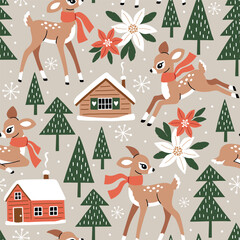Seamless vector pattern with cute woodland deer. Hand drawn Christmas fawn, snowy pine trees and wood houses. Perfect for textile, wallpaper or nursery print design. EPS10 vector file.
