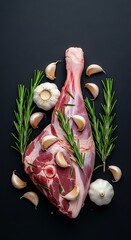 Raw Lamb Leg with Garlic and Rosemary on Black Background.