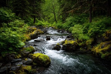 Obraz premium Tongass Forest: Serene Summer Stream with Waterfall in Alaskan Wilderness