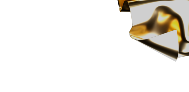 Abstract metal texture with gold and silver tones on a white background. The image features a close-up of a folded metal sheet, with space for c