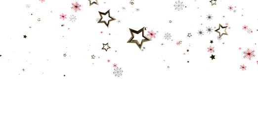 Festive background of gold stars and snowflakes falling on a white background. Suitable for Christmas, winter holidays, and celebrations. Perfec