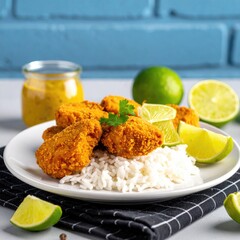Crispy fried chicken with rice, limes, and sauce