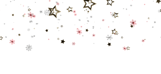 Festive illustration of gold stars and red snowflakes floating against a white background. Perfect for holiday greetings and winter designs.