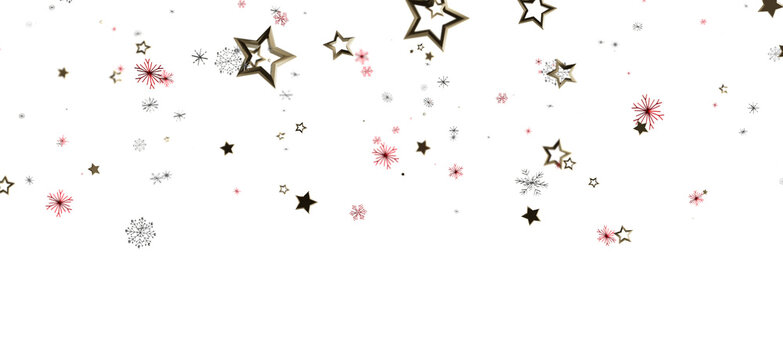 Festive illustration of gold stars and red snowflakes floating against a white background. Perfect for holiday greetings and winter designs.
