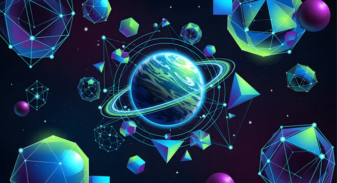 A digital rendering of a planet with rings surrounded by geometric shapes in a dark space background