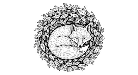 Illustration of a sleeping fox curled up inside a wreath made of leaves in black and white ink