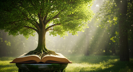 A tree growing from an open book on a stone pedestal in a sunlit forest with ethereal light