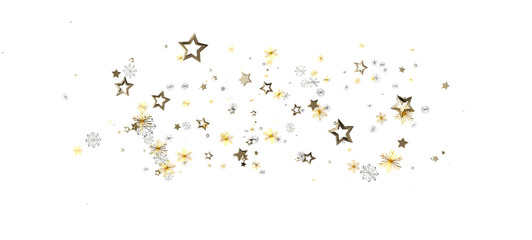 Sparkling gold stars and snowflake confetti on a white background. Perfect for holiday designs,...
