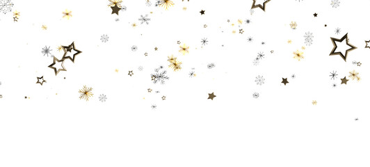 Abstract holiday background with glittering stars and snowflakes in gold and silver against a clean white background, perfect for festive design