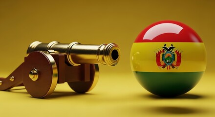 Ecuadorian flag and cannon on yellow background